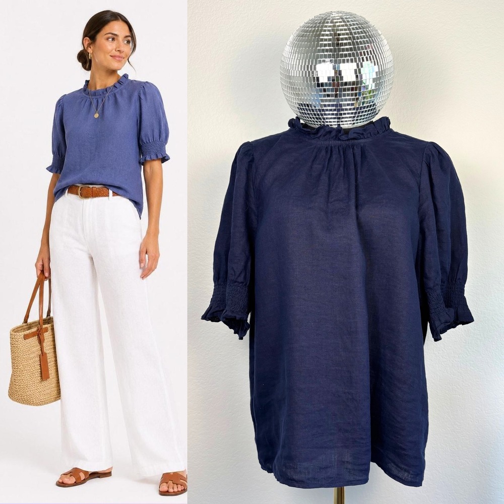J.Crew 100% Linen Smocked Puff Sleeve Ruffle Top, Medium Navy Blue Preppy office